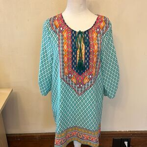 Urban Coco turquoise white Bohemian style shirt dress/ cover up Size M NWOT